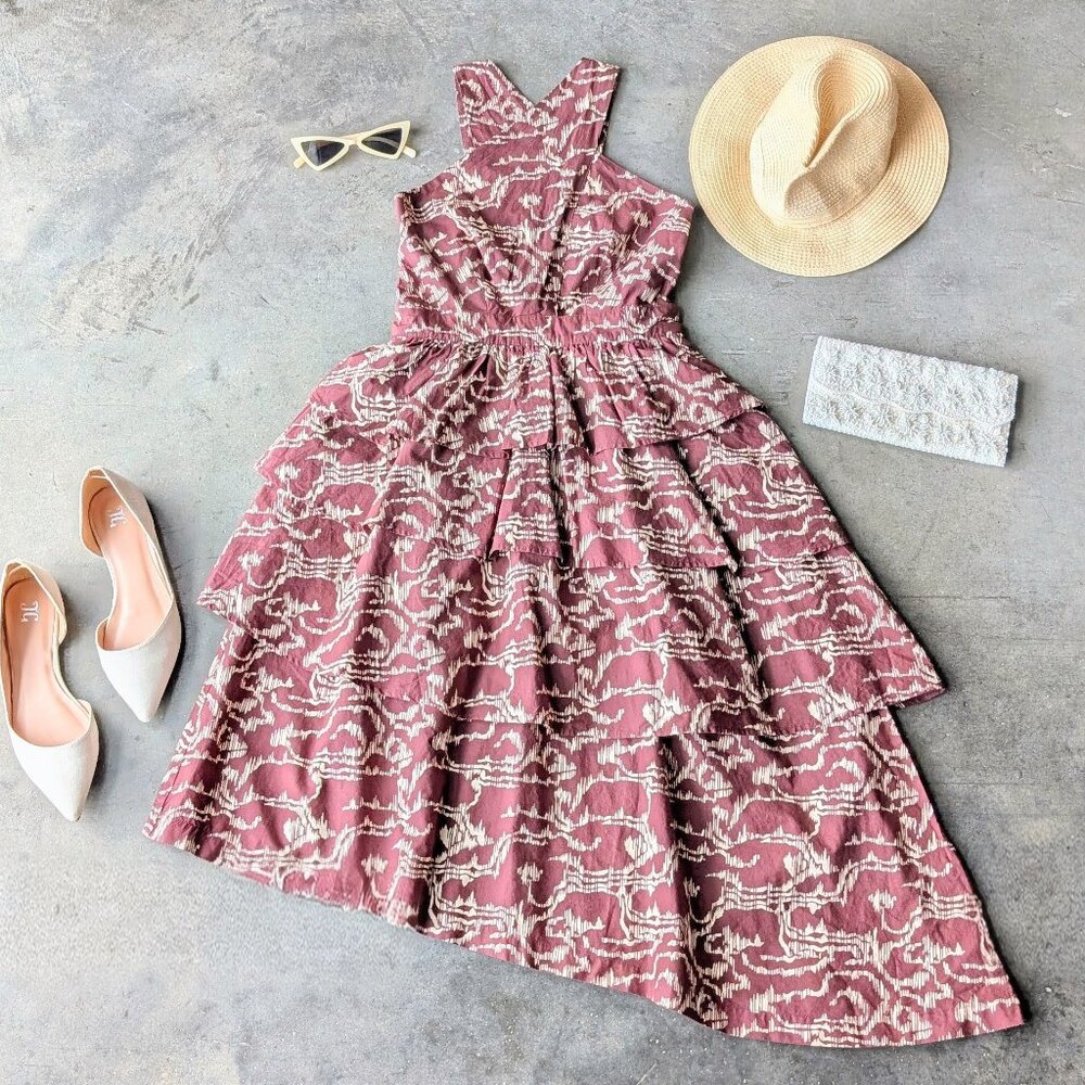 Cleobella Brown Y-Neck Tiered Asymmetric Skirt Carson Midi Dress size XS